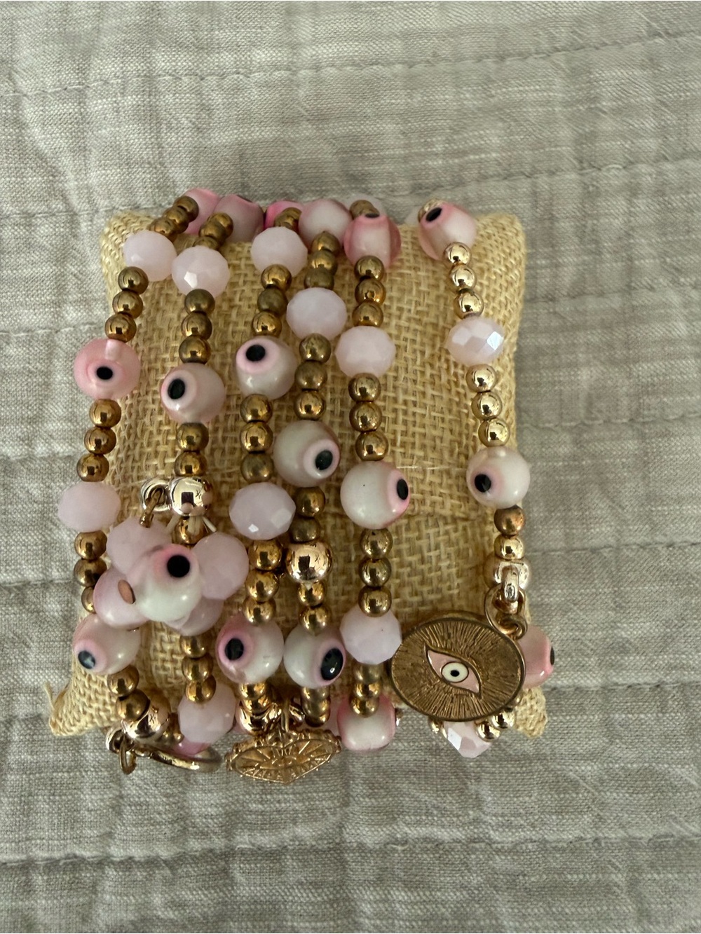 Set of 6 Gold and Pink Beaded Evil Eye Charm String Bracelet - Women Jewelry